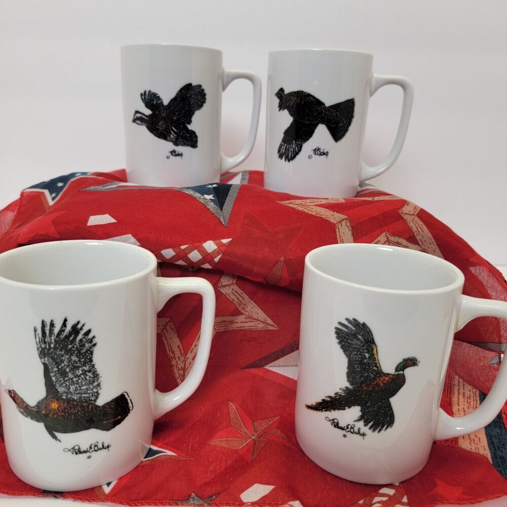 Richard E Bishop Waterfowl and Upland Game Birds Porcelain Coffee Mugs Set of 4